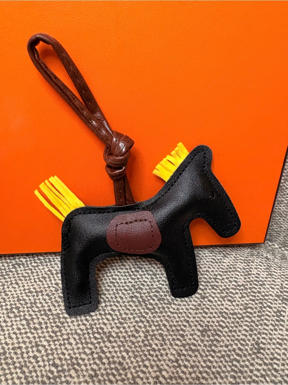 Black FAUX Leather Horse Bag Charm with Yellow Fringe